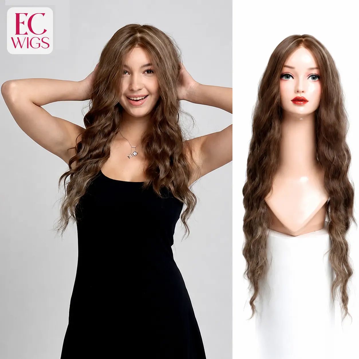 EC Wigs LILA Long Lace Front Synthetic Wig, Pre-Plucked Edge, Free Part 13*6 Hand Tied Top Wig Loose Wave Anti-slip Silicone Strips Glueless for Women, Glueless Frontal Wig