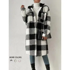 Women's Plaid Print Button Front Pocket Plush Jacket Coat, Casual Drop Shoulder Long Sleeve Asymmetrical Hem Collared Outerwear for Fall & Winter, Ladies Clothes for Daily Wear