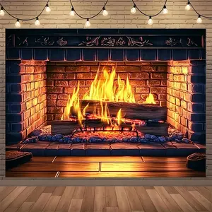 1pc 2D Flat Inch/inch/inch Christmas Fireplace Background Cloth, Giant Red Brick Fireplace Cardboard 2D Bonfire Center Suitable Any Wall Decoration, No Power Required