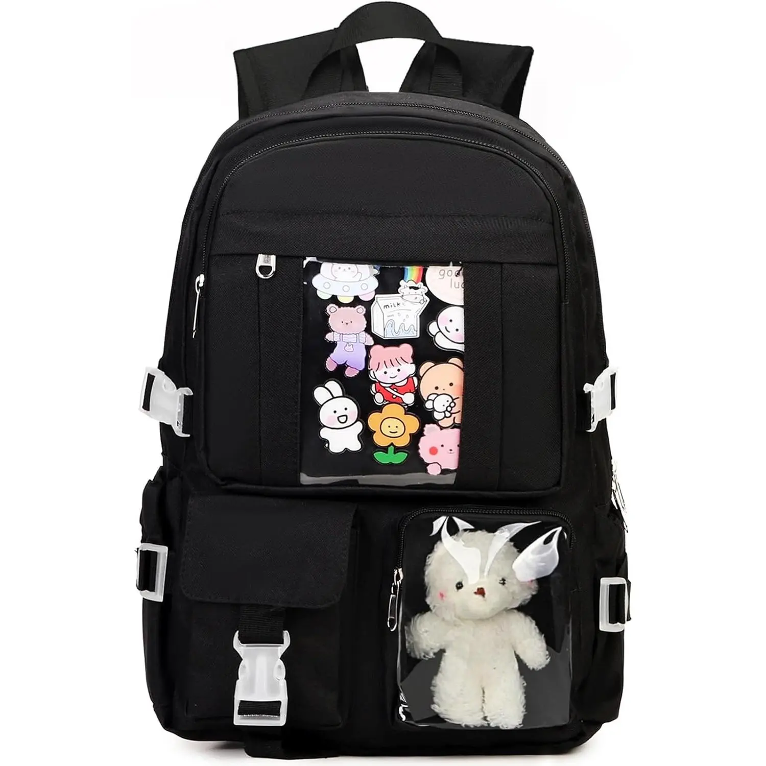 PRLINJSK Kawaii Backpack for Teen Girls, Cute Aesthetic High Middle School College Bookbag with Accessories, Black