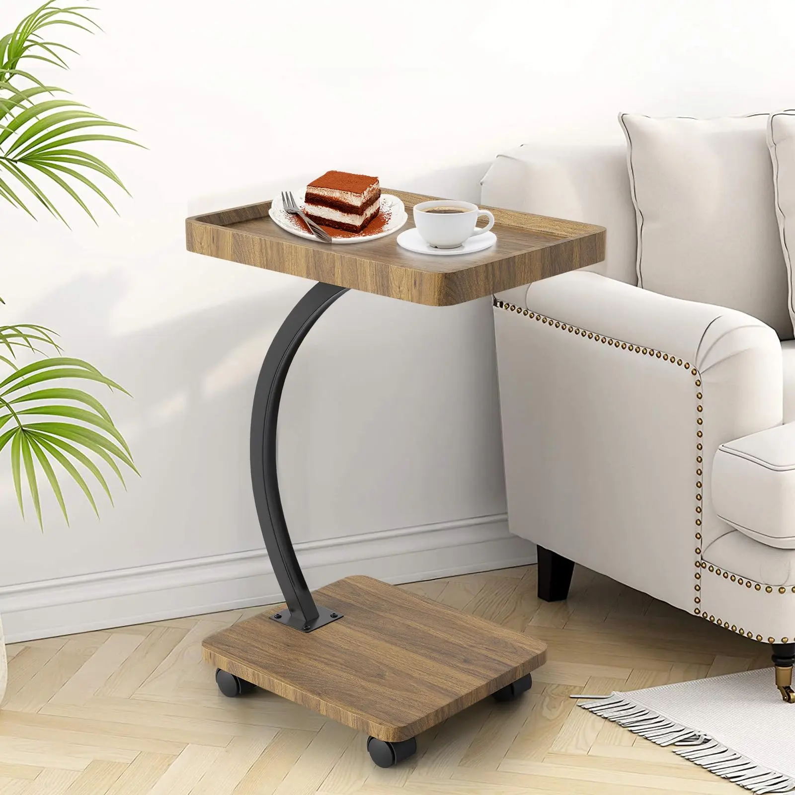 Compact C-Shaped Laptop Desk with Wheels - 2-Tier Rolling Table, Versatile Bedside & Sofa Stand, Space-Saving Mobile Computer Table, Easy to Move, Natural Wood Color
