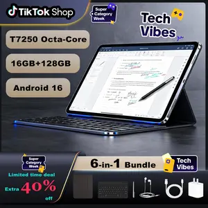 【TikTokShopTechVibes】2026 Android tablet 10.1" IPS Android 16 Tablet bundle package 16GB RAM 128GB ROM Octa Core 6000mAh Battery Bluetooth with Keyboard Case Stylus Earphones Type-C Cable Adapter Charging Rear Streaming tablets ,For Mother's Day Gift