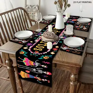 Dia De Los Muertos Table Runner Set, 2D Flat Print, 1 Piece/4 Pieces/5 Pieces, Restaurant Decor, Holiday Party Decoration, Indoor Outdoor