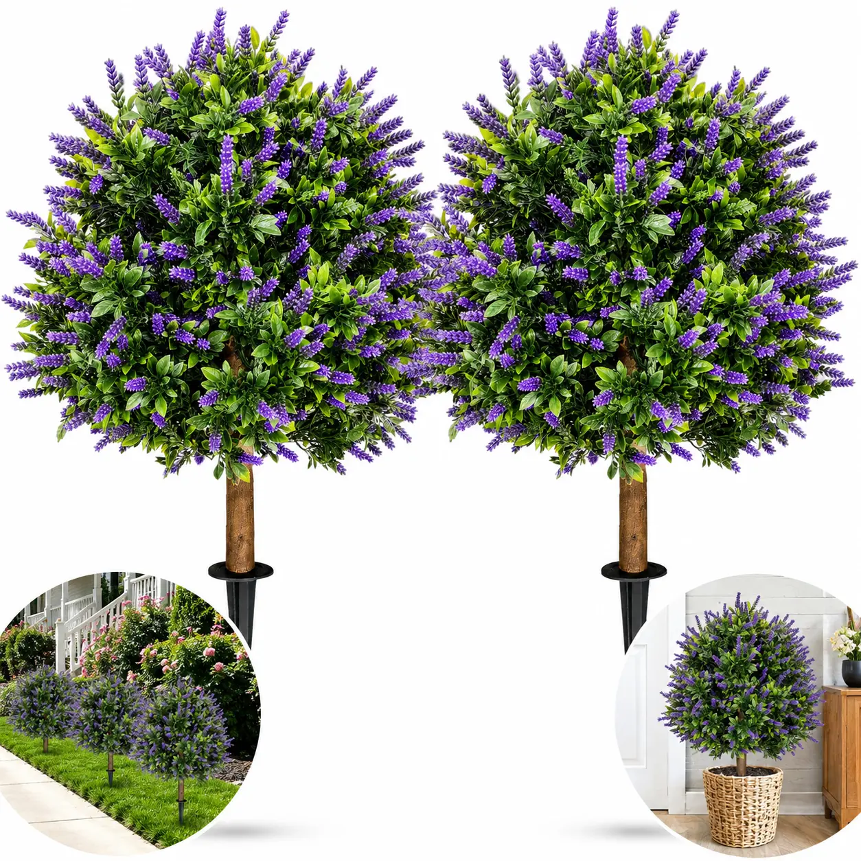 2 Pack 22" Artificial Lavender Topiary Balls with Stakes, Lifelike Faux Plants, UV-Resistant Weatherproof Outdoor Garden Decor, Low-Maintenance Flower Shrubs for Patio, Porch, Home Supplies