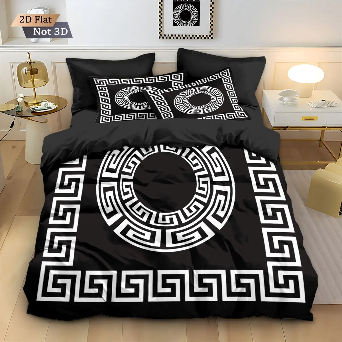 Luxury Greek Key Decorative Theme Bedding Set 3Pcs (1 Duvet Cover + 2 Pillowcases), Duvet Cover Sets, Black White Geometric Printed Soft Comforter Cover, Modern Minimalist Bedroom Decor