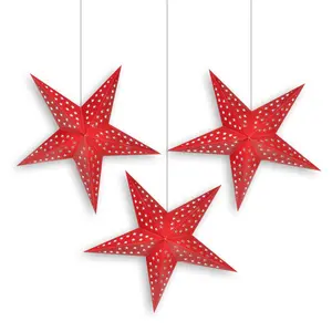 3-PACK Red Starry Night 24" Illuminated Paper Star Lanterns Hanging Decorations