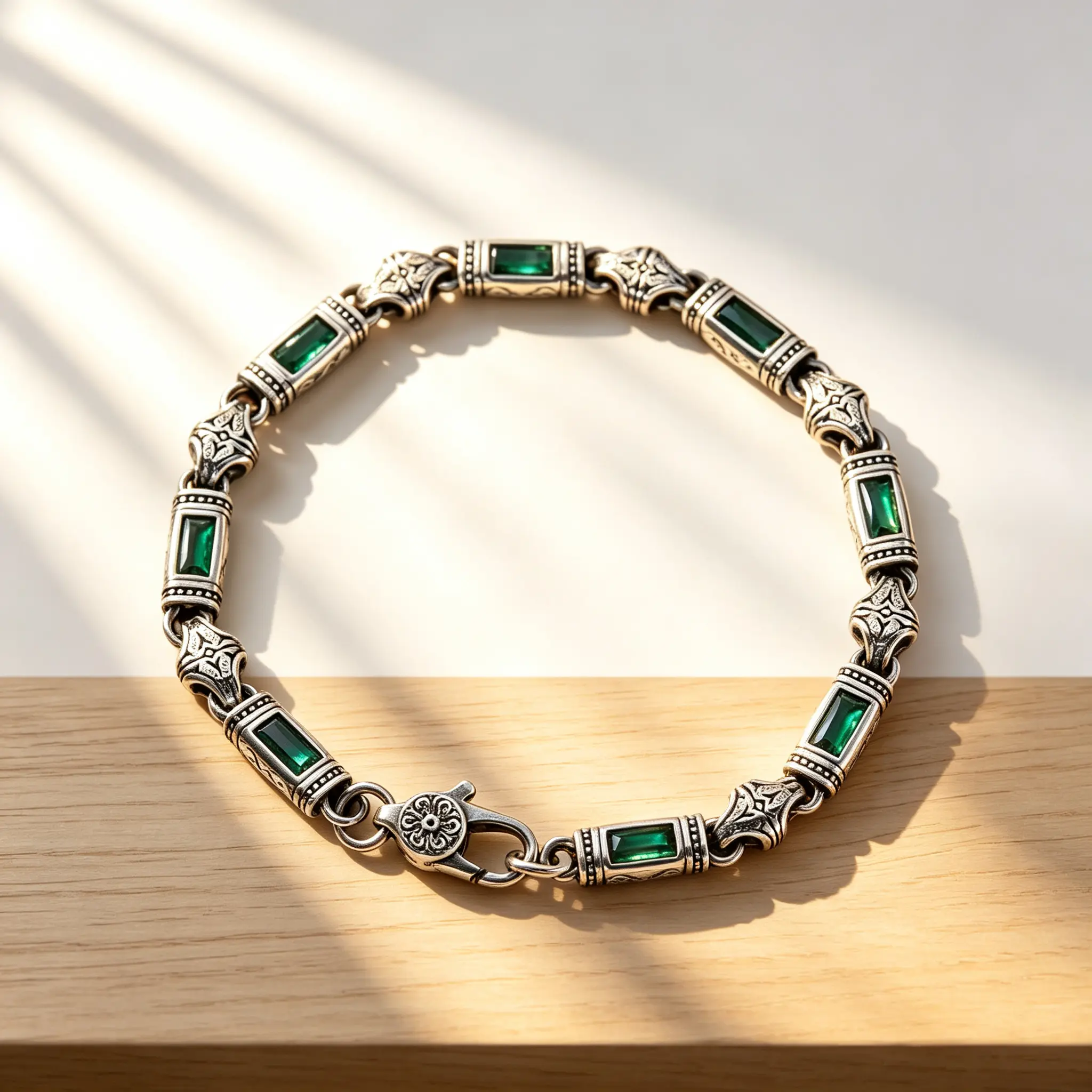 Men's 925 Sterling Silver Vintage Rectangle-Link Bracelet with Floral Etchings, Rectangular Stone Emerald Accent - Everyday Wear Fashion Costume Jewelry Accessory, Avoid Children