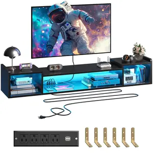 RaybeeFurniture 55"-71" W Floating TV Stand with LED Lights & Power Outlets Wall Mounted Entertainment Center with Storage Long TV Stand for Bedroom, Wood Floating TV Shelf Under TV for Living Room