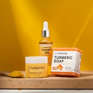 Turmeric Face Cream Oil Soap Set, 3-Piece Facial Care Kit, Cleansing Serum Brightening Moisturizing Skin, Natural Ingredients, Daily Use, Cleanser, Hydrating, Moisturizer, Turmeric Radiance Set, Turmeric Glow Set