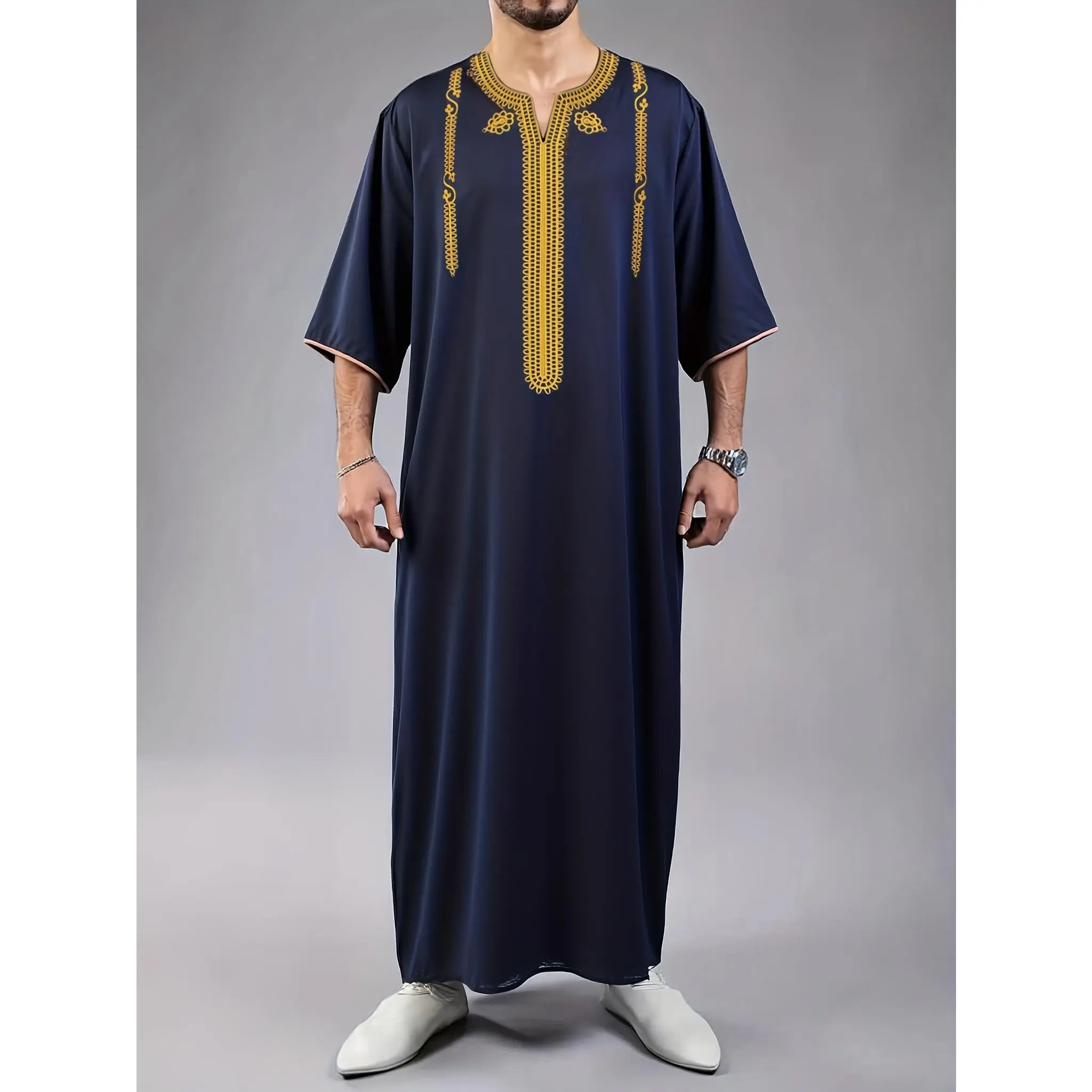 Men's Hooded Moroccan Style Thobe - Intricate Embroidery, Short-Sleeved Loose-Fit Long Islamic Robe, Jubba Kandora, Woven Fabric, Side Pockets, Casual for Cultural Events, XXL Modest Fashion Apparel
