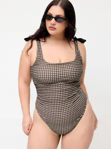 Shaping Gingham Bowknot Ruched One Piece Swimsuit Curve & Plus
