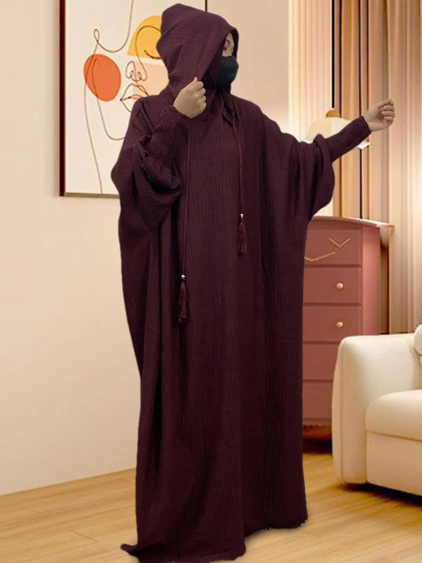 Women's Modest Solid Color Double Hooded Lounge Dress, Casual Long Sleeve Robe Dressing Gown for Home Worship, Ladies Sleepwear for All Seasons