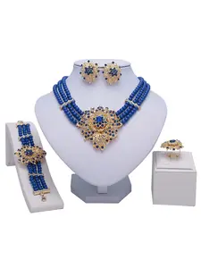 Fashion African Blue beads Women Vintage Ethnic Jewelry Set, Earrings Necklace Bracelet Ring Five-Piece Collection, Unique Design Accessories for Women wear for prayer, as a festival gift,  accessories for festival dresses
