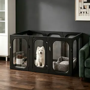 Acrylic Clear Dog Playpen Indoor with Door, 26'' H Transparent Dog Play Pen for Small Dogs, No-Connector Modular Puppy Playpen with Integrated Suction Cups Base, 10 Panels, Black
