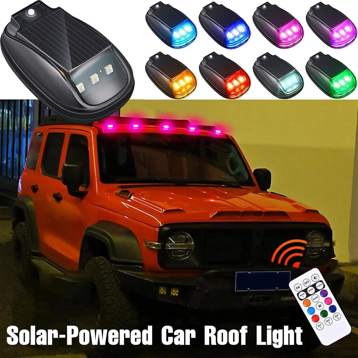 Wireless Solar Mouse Roof LED Warning Lights for Pickup Truck and Offroad SUV, No Drill No Wiring Installation, RGB Multi Color Strobe Flash Marker Lamp with Remote Control, Waterproof Automotive Exterior Mod Roof Signal Light Accessory