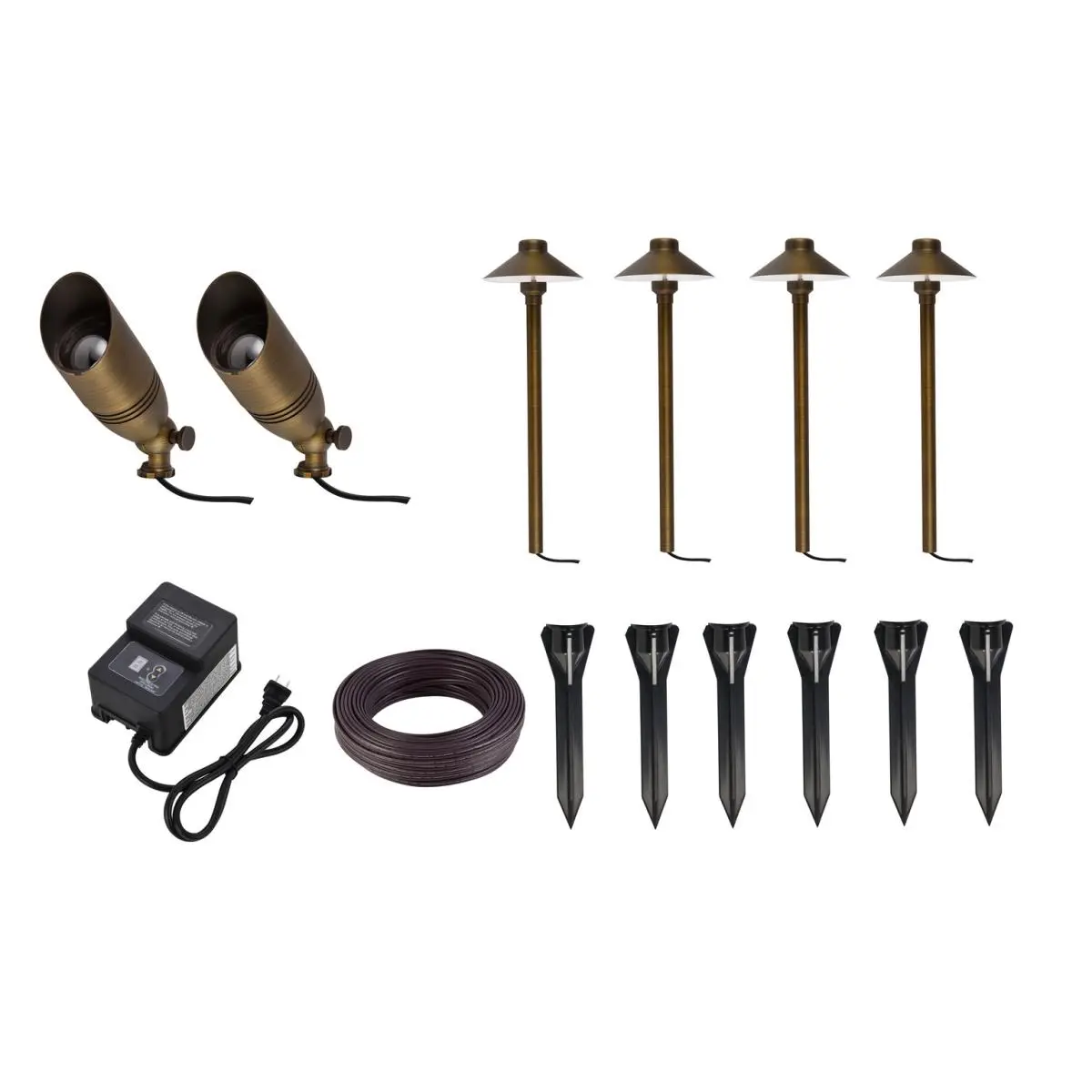 Elitco Lighting KIT10204 Aera Cast Brass Landscape Lighting Full Starter Kit - 2 Spot Lights, 1 Transformer, 100 ft. SPT2 Wire, 120W, 21.02 lbs, Pack of 6