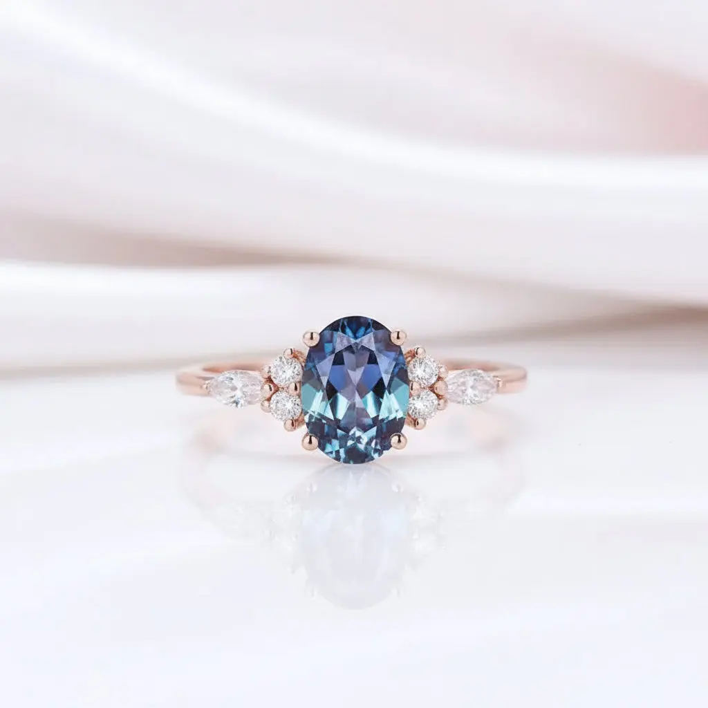 Vintage 14k Rose Gold 1.5 Ct Oval Cut Alexandrite Engagement Ring