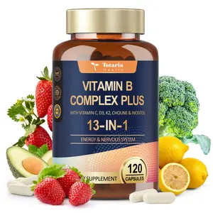 Totaria 13-in-1 Vitamin B Complex Plus with Vitamin B1, B2, B3 (Niacinamide), B4, B5, B6, B7 (Biotin), B8 (Inositol), B9 (Folate), B12, C, D3, K2 - Energy, Nerve, Immune, Skin Support - 120 Vegan Capsules
