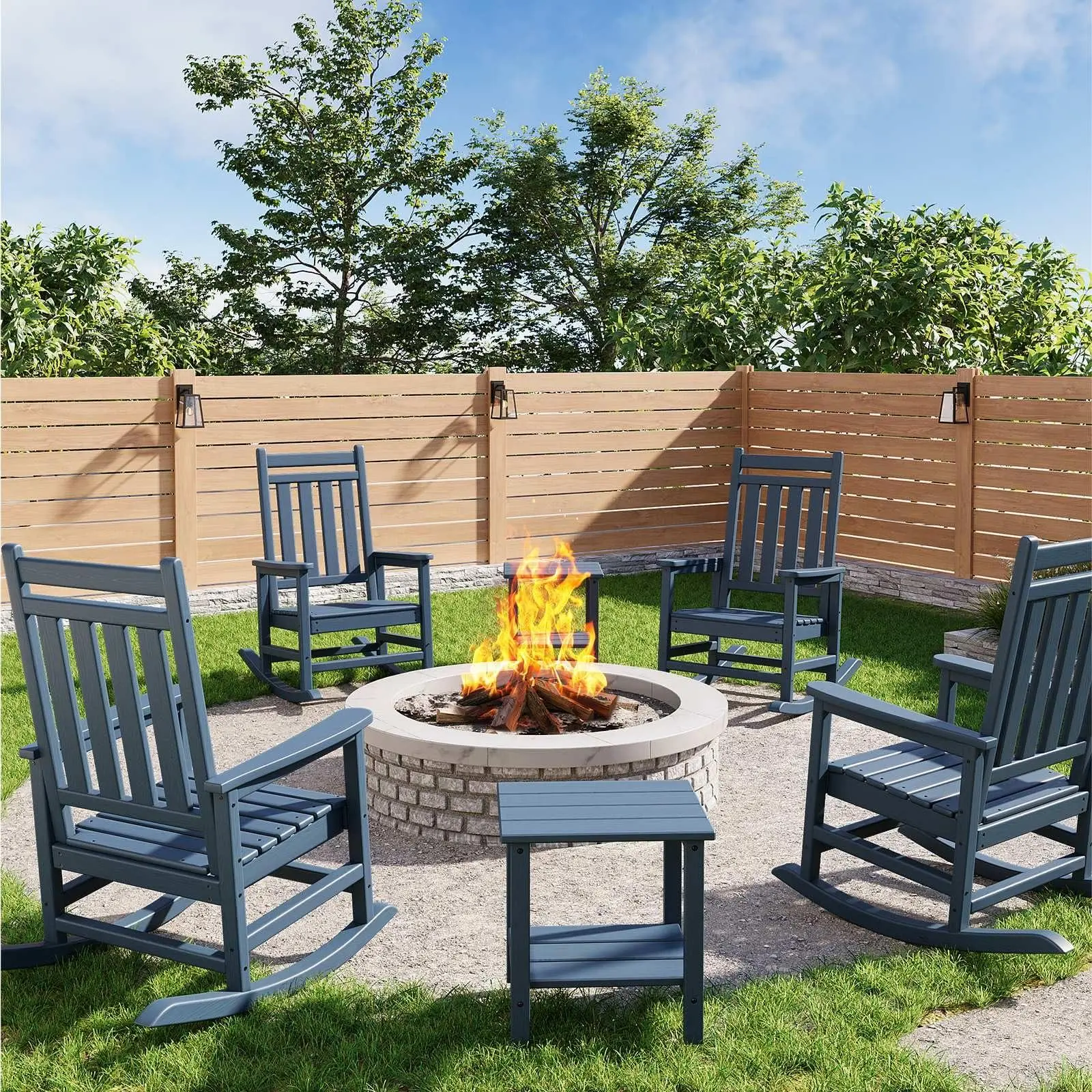Gaomon Plastic Adirondack Rocking Chair Set - 4 Ergonomic High-Back Patio Lounge Chairs (350lb Capacity, Rocking Base) for Adults, 2 Side Tables, All-Weather Resistant, Easy Setup, Easy Maintenance, Navy Blue Commercial Garden Furniture