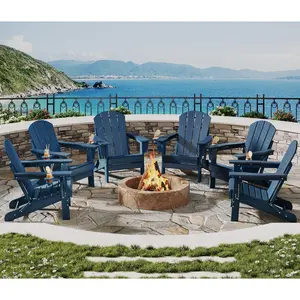 Folding Adirondack Chair Set of 6, All-Weather HDPE Outdoor Chair, Wooden Textured with Cup Holder for patios, Decks, Gardens, fire pits, Navy Blue