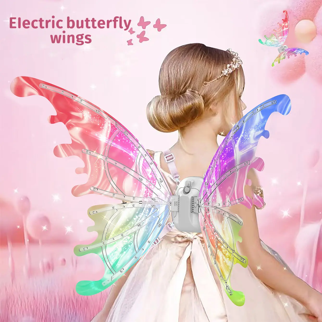 LED Electric Fairy Wings for Girls Ages 4-8 Light-Up Moving Butterfly Costume Jewelry with Music Auto-Off Sparkling Princess Dress-Up Ornament for Halloween Valentine Birthday Christmas Party Gifts