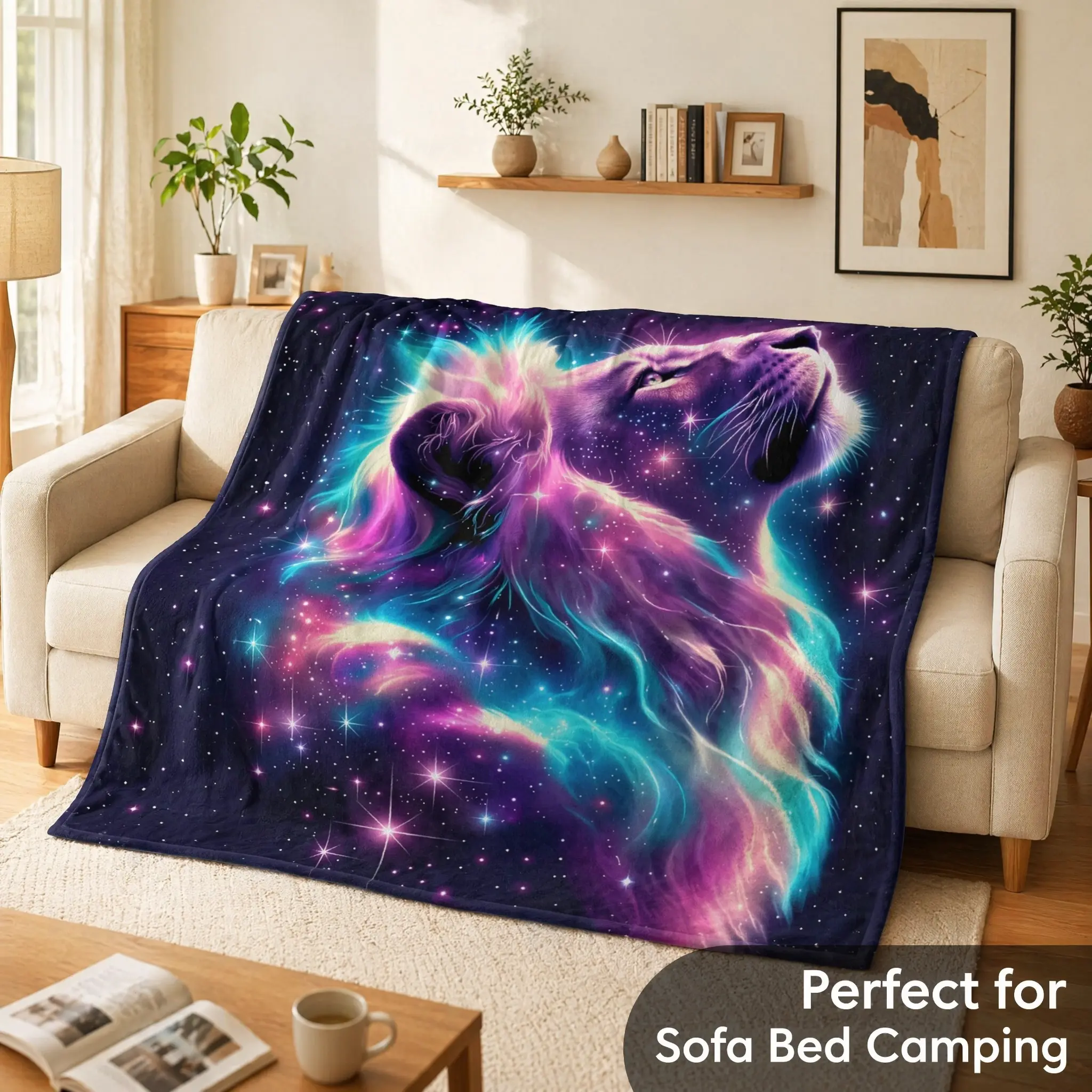 Lion Blanket for Kids Boys Girls, Cool Galaxy Lion Blanket, Lion Gifts for Kids, Cool Animal Space Sparkle Starry Stars Blanket, Plush Soft Fuzzy Kids Blanket, Blue christmas ideal birthday gift flannel blanket