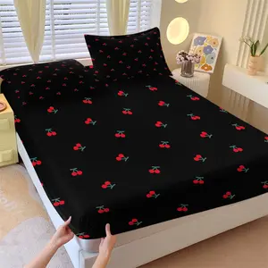 Black cherry print fitted sheet and pillowcase set, stylish bedding, Soft bedding sheet, creating a sweet and cool bedroom décor, a great gift, Bedsheet Sets