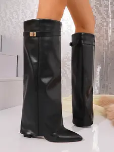 Women's Long Boot with Elastic Side Straps, Pull On Boots, Slim Fit Warm Winter Shoes, Fashionable Zipper and Buckle Design, Ladies' Stylish Boots