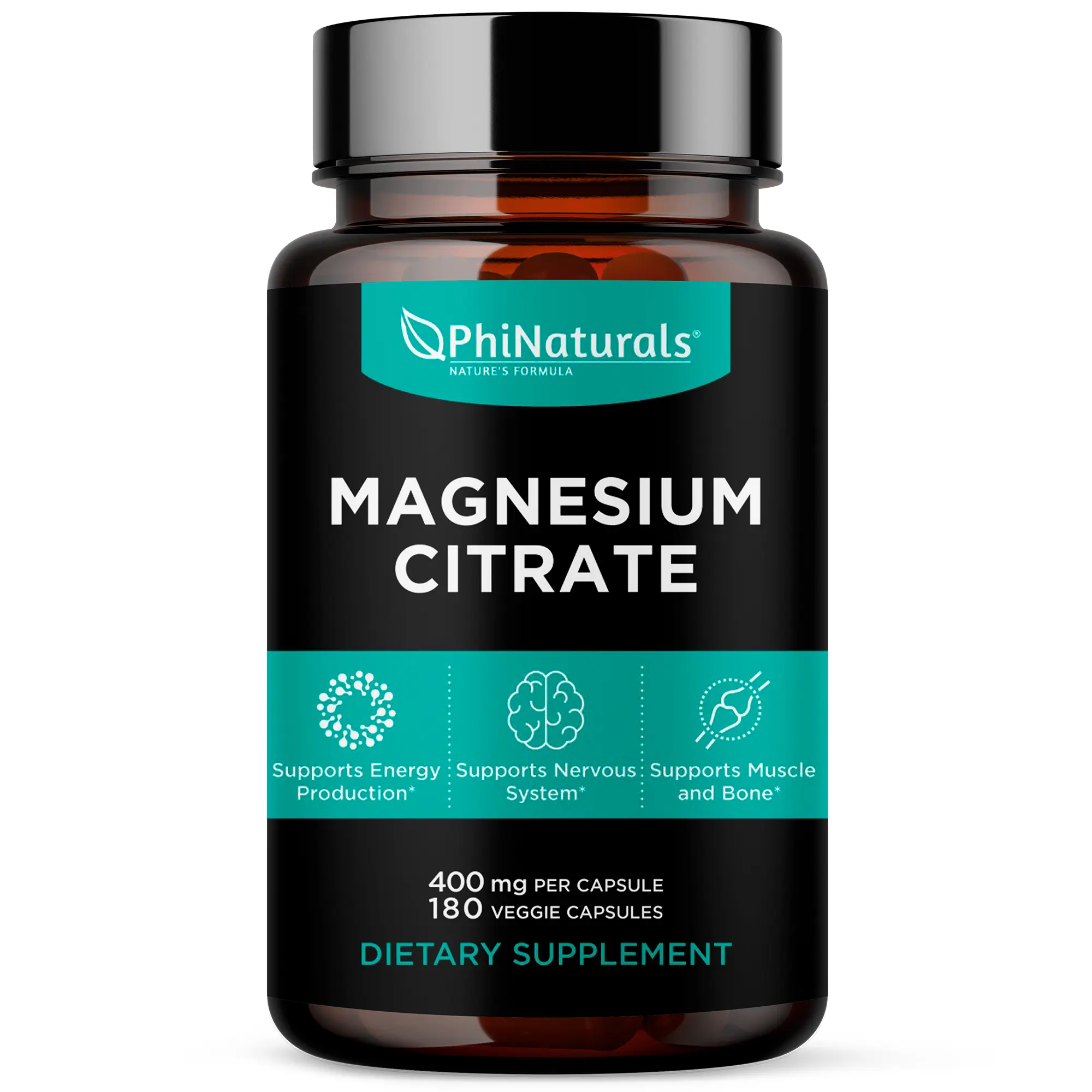 Magnesium Citrate Powder Capsules 400mg - 180 Count Veg Caps - PhiNaturals Supplements - Nervous System Support* and Enzyme Function*