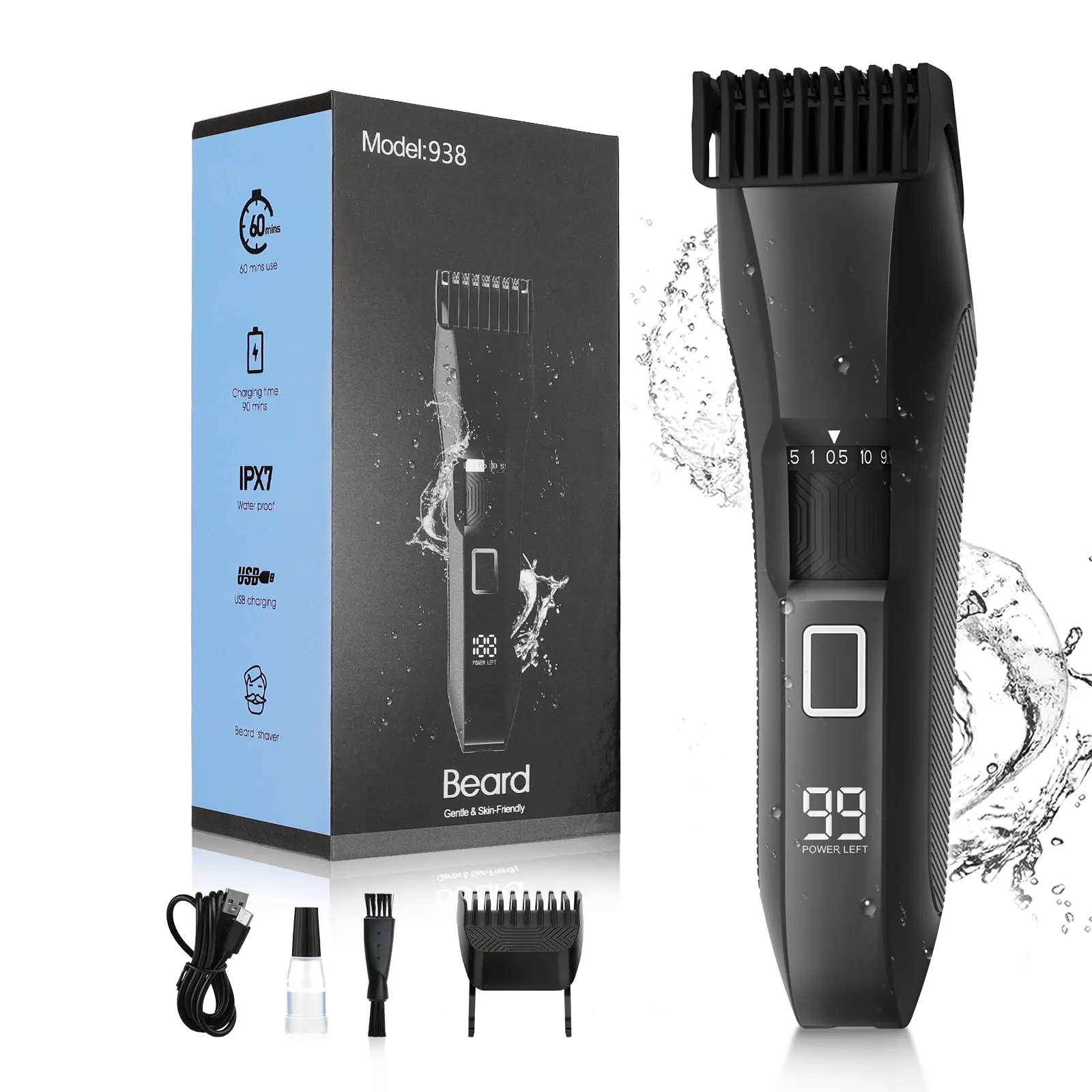 Manscape  Beard Trimmer for Men, 20 Length Adjustable, Cordless Waterproof Clippers, Stainless Steel T-Blade for Precision Facial Hair Trimming with 2 Guide Combs, Travel Lock, LED Display