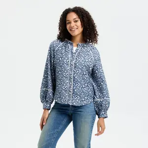 Women's Balloon Long Sleeve Lace Trim Button-Front Blouse - Universal Thread Blue Floral XS