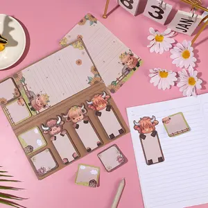 Highland Cattle Sticky Notes Set, 8 Unique Self-Adhesive Animal Note Pads, Adhesive Tabs & Multifunctional Cartoon Marker Pens, Book Mark, Ideal Birthday Gifts