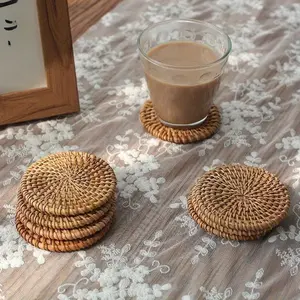 Round Rattan Braided Coaster, 2/4 Counts/set Elegant Tableware Accessory, Decorative Coaster for Home Kitchen Dining Room, Household Placemat