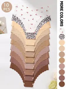 Women's Seamless V-Shape Comfortable Breathable Fashion Wave Thongs, Leopard Print Pattern, Fitted Drop Waist, All Seasons, Pack of 10