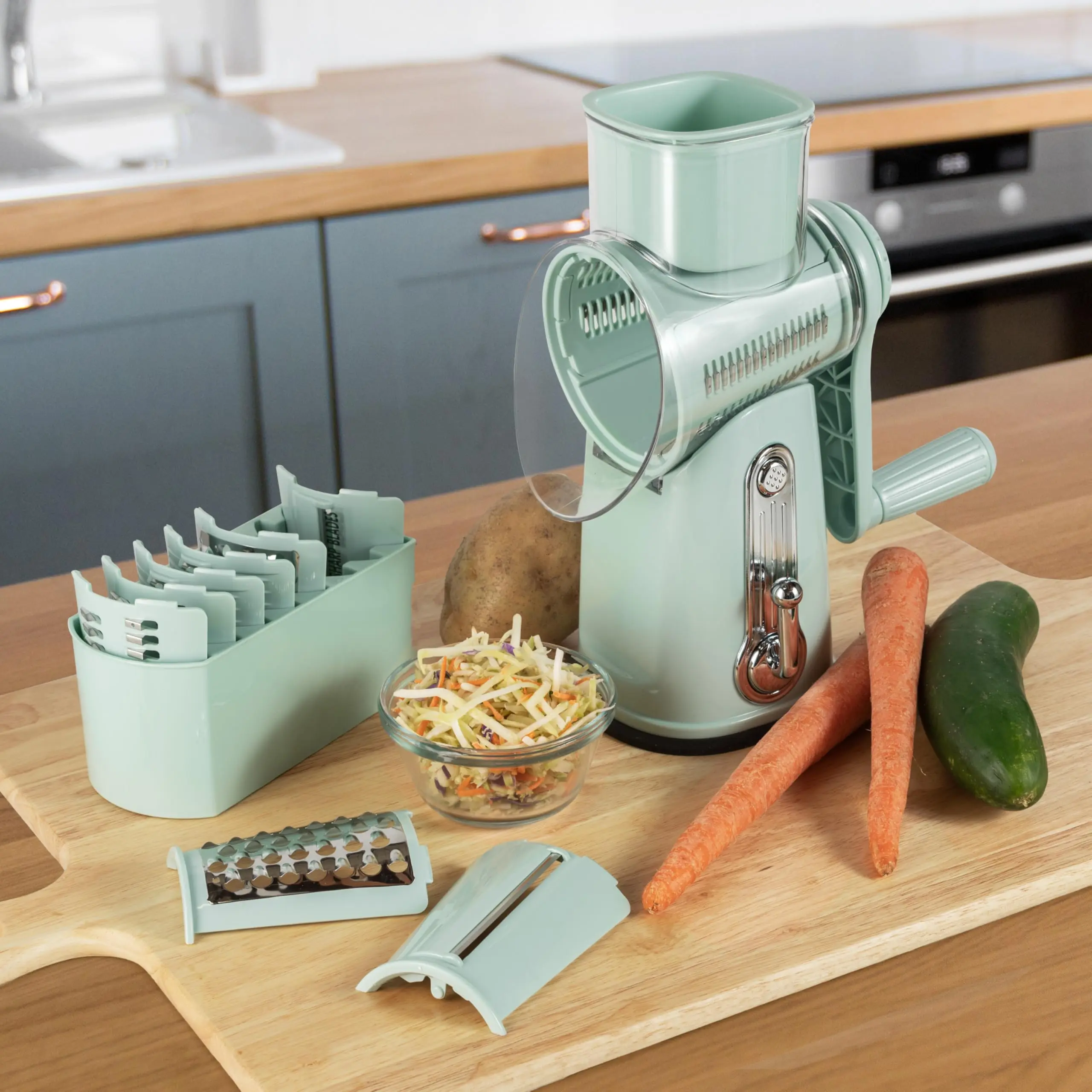 5-in-1 Multifunctional Food Cutter - Ergonomic Handle Hand Crank Rotary Slicer with Interchangeable Blades, Easy-Clean Suction Base, Convenient and Efficient Durable Kitchen Utensil for Veggies, Fruits