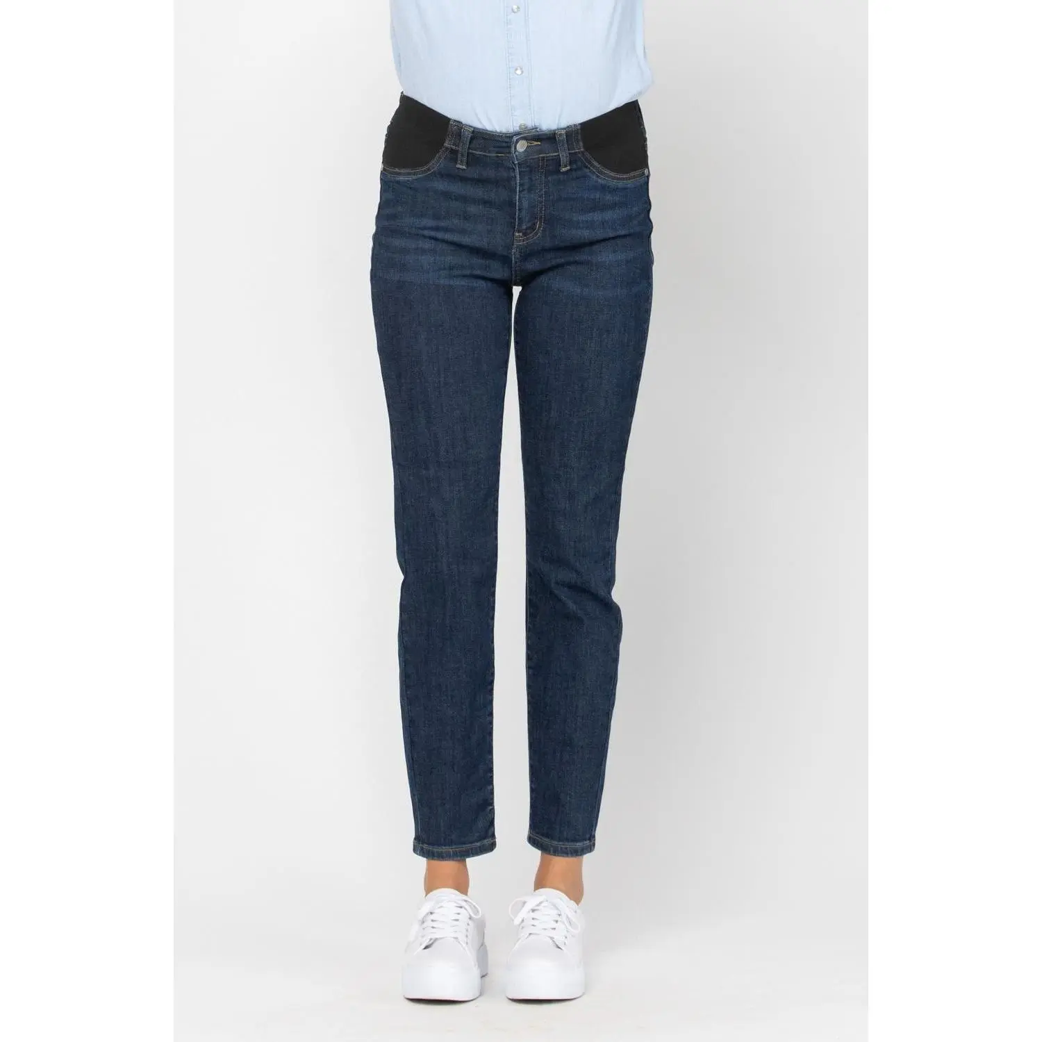 Judy Blue Women's Maternity Mid-Rise Dark Wash Cotton Blend Jeans - 9.75" Front Rise, Elastic Sides, Stretch Panels, Slim Silhouette, Casual, for Expecting Mom Pregnancy Clothing