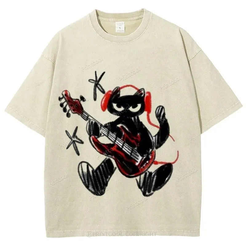 Black Cat Wearing Red Headphones Unisex Vintage Washed Tee, Vintage Distressed Coloful Washed Tee- Wash Shirt - Natural Theme Unisex Streetwear Funny and cute clothing graphic tees graphic t shirts graphic tees women tiktok shop deals festival gift