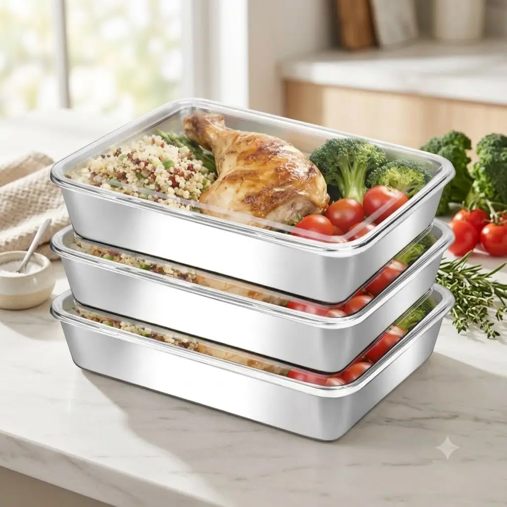 Stainless Steel Food Storage Containers with Clear Lids, Stackable Metal Meal Prep Trays, Reusable Fridge & Freezer Organizer for Leftovers, Meat, Vegetables, Lunch, Kitchen Storage & Meal Prep