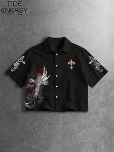 Men's Y2K Goth Style Short Sleeve Fitted Button Front Shirt with Geometric Cross Print, Lightweight Casual Top for Street Style, Streetwear & Weekend Wear, Breathable Summer Urban Attire, Menswear
