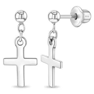 My First Dangle Cross Kids / Children's / Girls Earrings Screw Back - Sterling Silver