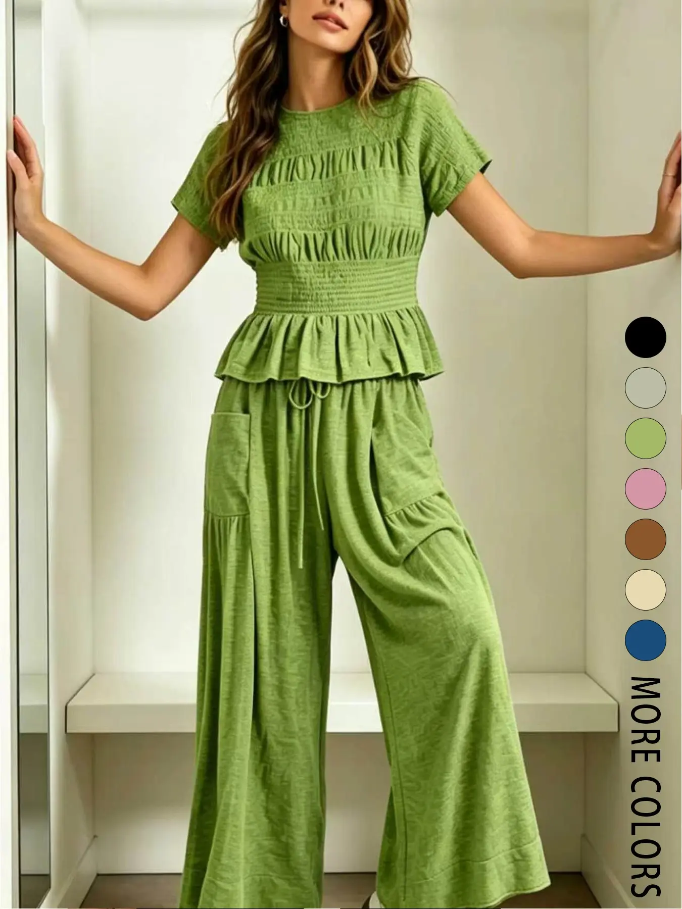 Women's Fashion High-End Textured Cotton Ruffled Short Sleeve Two-Piece Knit Casual Set, Casual with waist-cinching ruffles and a flowing wide-leg pant design, perfect for summer, vacations, indoor, and outdoor wear
