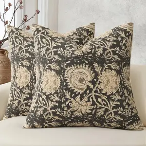 Vintage Floral Print Throw Pillow Covers 18x18 Set of 2 Neutral Modern Farmhouse Pillowcases Accent Decorative Cushion Covers Boho Home Decor for Couch Sofa Chair Bed Living Room, Sofa Cushions, Black
