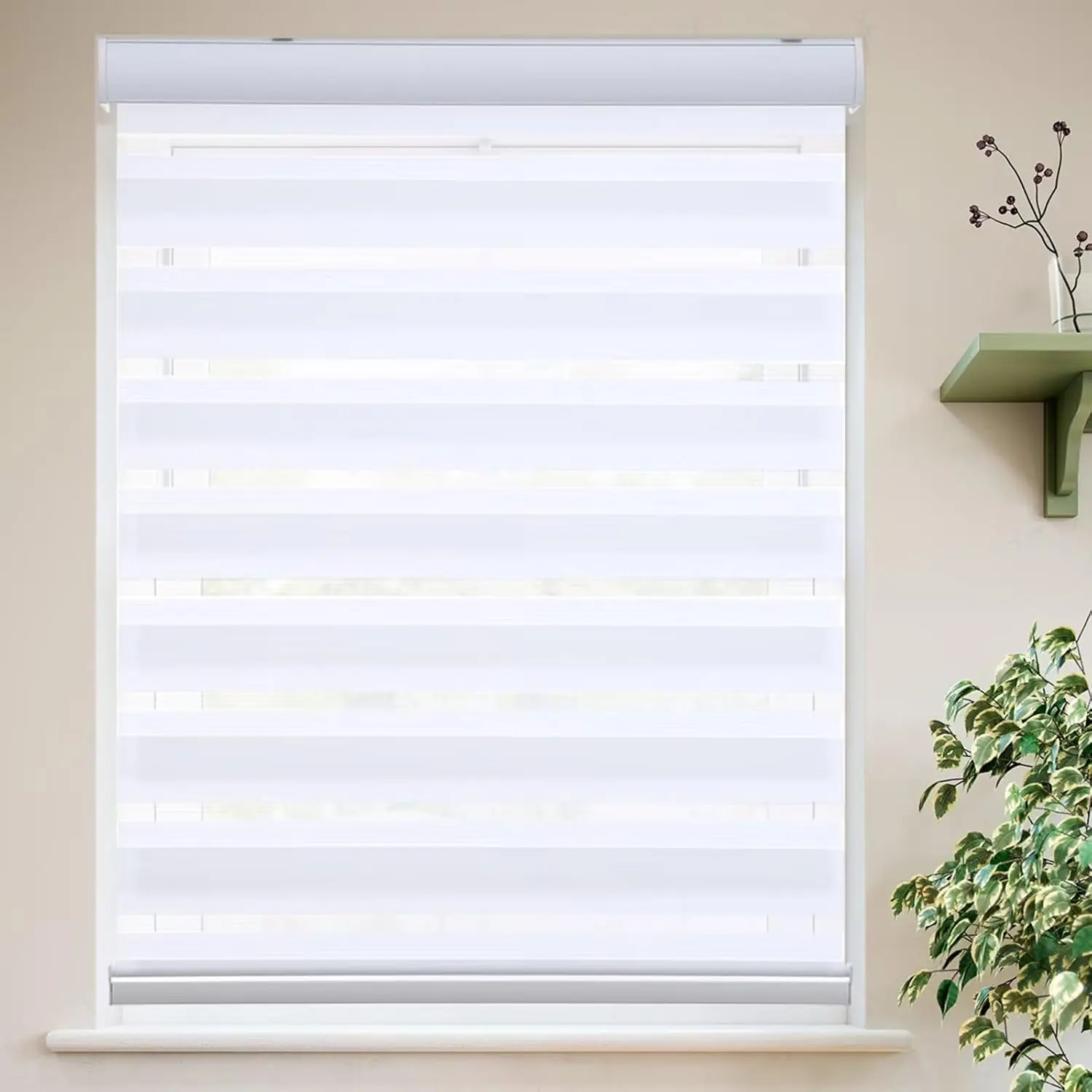 Cordless Zebra Blinds, Indoor Window Dual Layer Roller Shades with Day-Night Light Filtering, Easy to Install, 52" W x 72" H, White