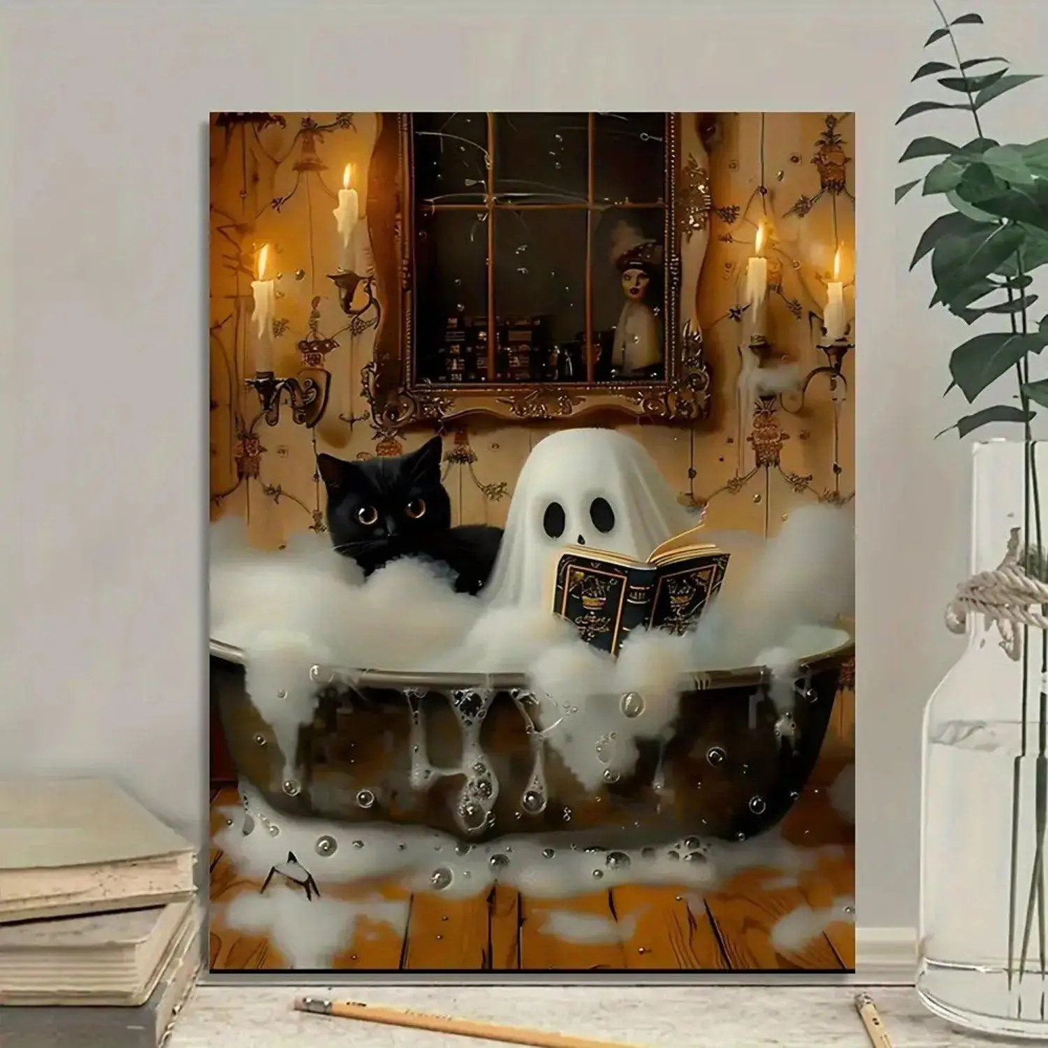 One Piece 2D Flat Canvas Prints Featuring a Spooky Scene with a Black Cat And a Ghost Ideal Halloween Wall Art for Living Room Decoration Ready to Hang with Wood Frame