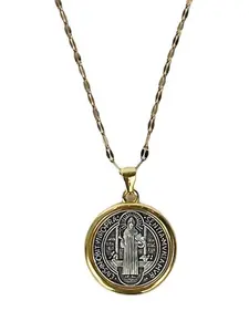 Vintage St. Benedict round pendant necklace, stylish, casual, versatile, unisex prayer necklace.