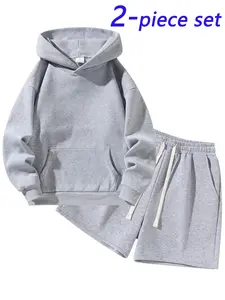 Men's Two-Piece Hoodie & Shorts Set, Casual Solid Color Sportswear, Soft Homewear for Gym and Daily Wear, Gym Clothes Workout, Loose Fit Long Sleeve, Sports Suit Set, Sweatsuit Set Outfit, Sports Sets, Sweatsuit Outfits
