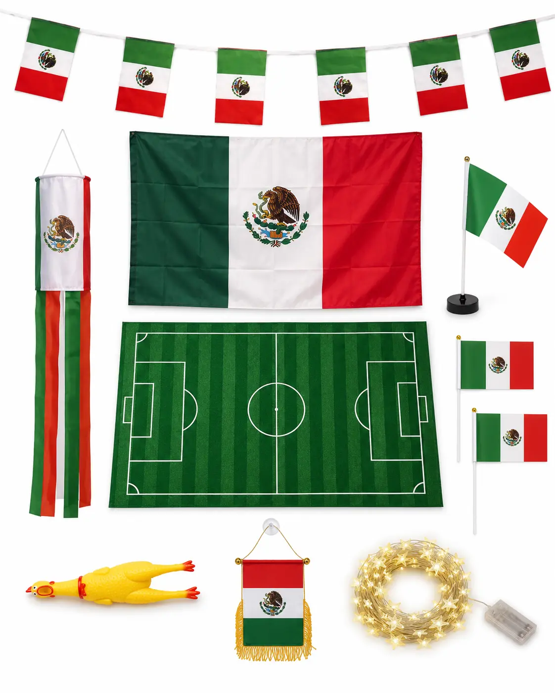 Mexico Party Decor Set for Soccer Fans, Polyester Flags & Table Cover for Indoor Game Day, Choose from 3pc Starter Pack to 8pc Kit, Lights, Outdoor, Bunting, Watch Party, 6Pc, With Lights, Chicken