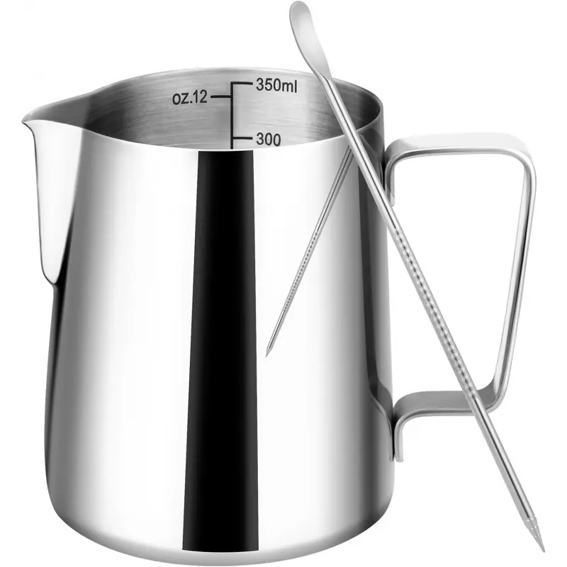 Milk Frothing Pitcher, 12 oz/20 oz Milk Frothing Cup, Transparent Scale, 304 Stainless Steel Cappuccino Espresso Machine Accessories, Suitable for Barista Coffee Bar, with Latte Art Pen, Coffee Frother