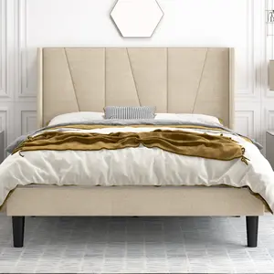 HOOMIC Upholstered Platform Bed Frame【Frame Only No Mattress】with Geometric Wingback Headboard,Wooden Slats Support,Full/Queen/King Size,No Box Spring Needed,Beige/Dark Grey
