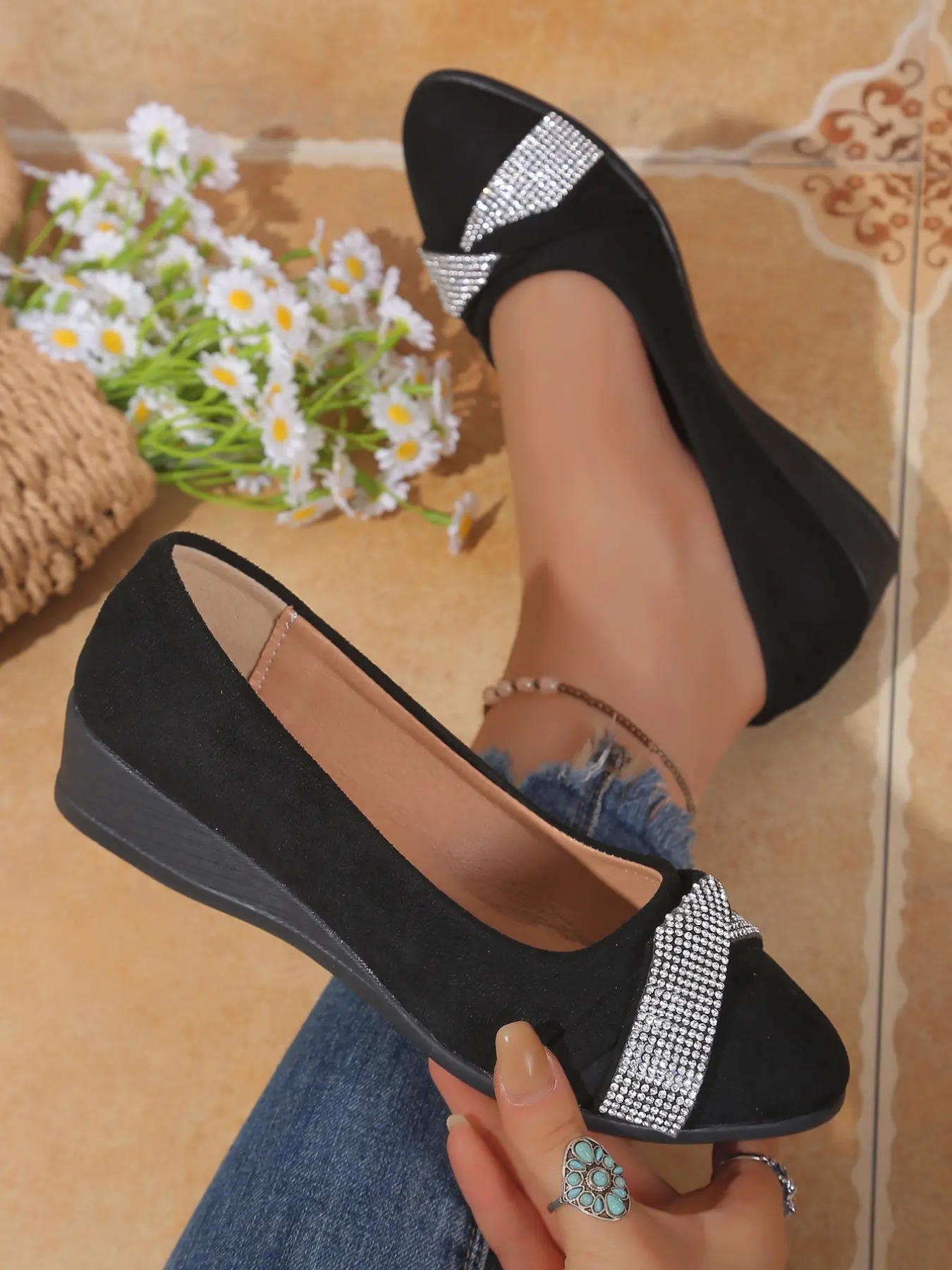 New Women's Ballet Flats, Ballerina Flat, Rhinestone Knot Wedge Design, Casual Comfortable Shoes, Perfect for Daily and Leisure Wear, Chic Ballet Flats, Casual Fashionable Flats